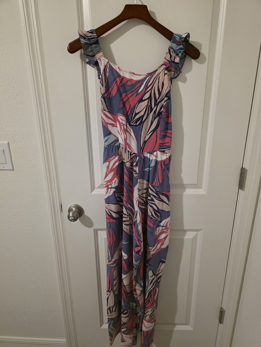 Christian Siriano Low Back Tropical Leaf Jumpsuit in Blue, Pink & Cream